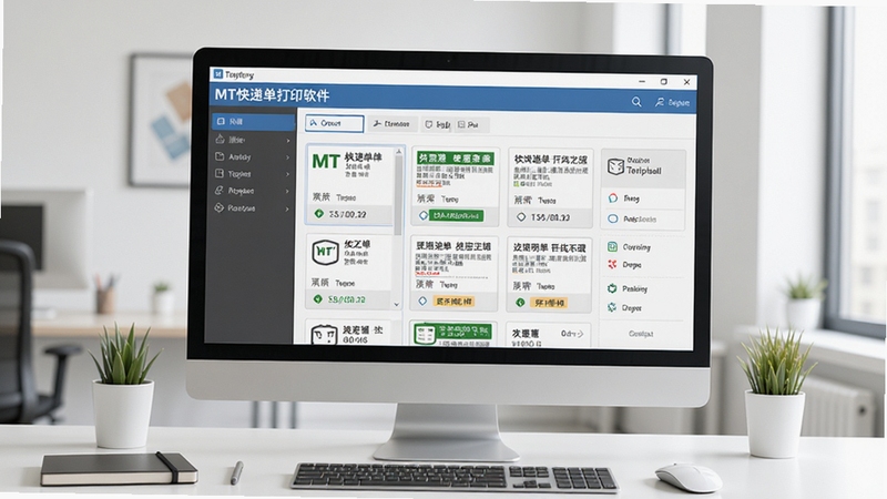 MT快递单打印软件主界面预览图,展示清晰的功能分区与快递单模板列表,背景为整洁的办公桌面,显示器上显示软件操作界面,整体色调明亮,采用写实风格,突出软件易用性与专业性。