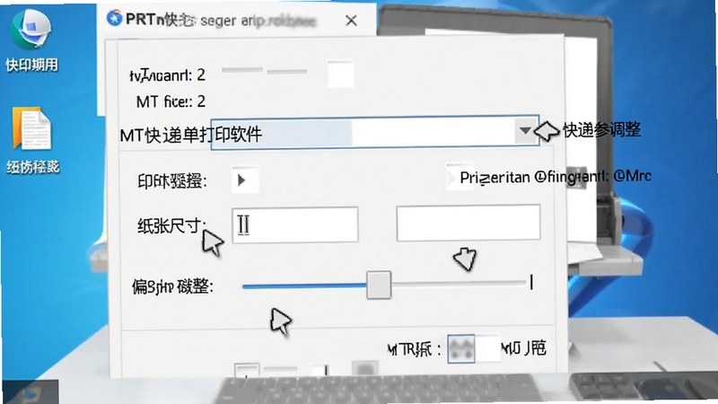 MT快递单打印软件打印参数调整界面截图,显示打印机选择下拉菜单、纸张尺寸输入框以及偏移微调滑块,背景为简约的电脑桌面,画面清晰标注各设置项,风格写实。