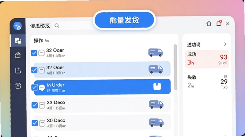 软件操作截图风格插画,傻瓜发货软件界面中多行订单被蓝色高亮勾选,顶部批量发货按钮突出,右侧统计面板显示成功与失败数量,背景为干净的纯色渐变