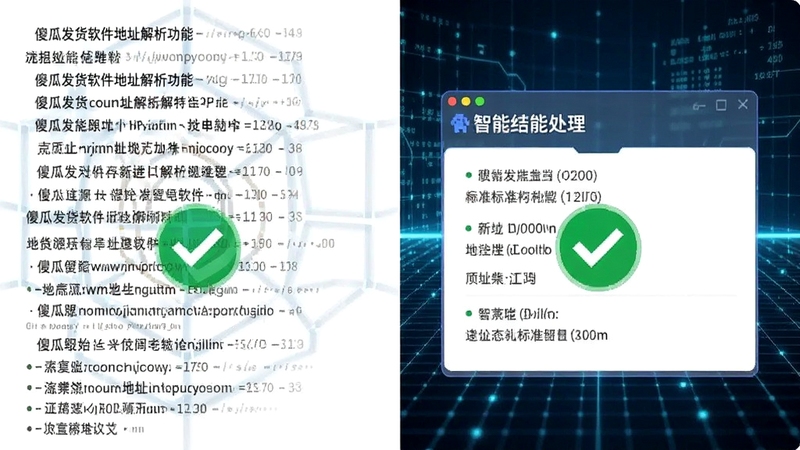 傻瓜发货软件地址解析功能特写,左侧为混乱的原始文本,右侧经过智能处理后变成结构化的标准地址卡片,带有绿色校验通过标识,背景为科技感的数据网格