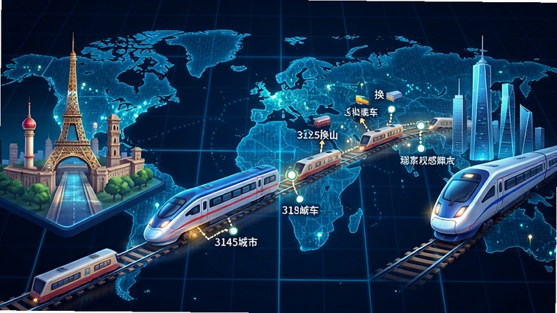 3145火车时刻表行程规划功能概念图,画面左侧为出发城市地标,右侧为到达城市地标,中间以发光的铁路线连接并标注换乘站点,背景为简洁的电子地图网格,整体色调明亮且具有科技感