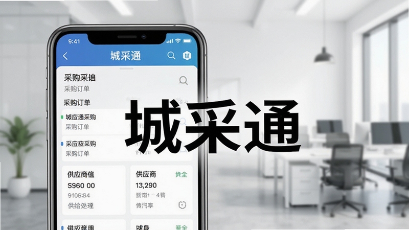 一张手机屏幕截图,显示城采通软件的主界面,背景为干净的办公室场景,界面展示采购订单列表和供应商信息卡片,整体画面明亮清晰,突出软件名称“城采通”三个字,画面主体为手机屏幕特写,背景虚化处理,适配Boogu模型生成。