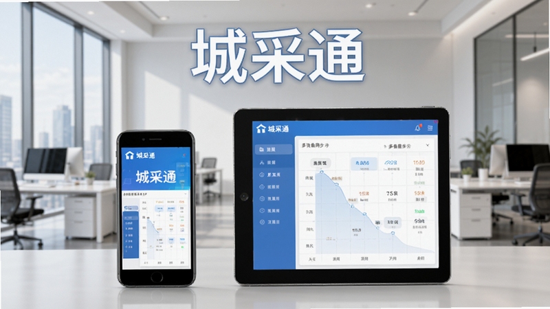 城采通软件的多设备同步示意图,画面中有手机和平板电脑并排显示相同界面,背景为现代办公环境,突出软件名称“城采通”,整体明亮清晰。