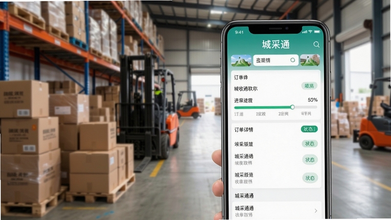 城采通软件手机界面展示订单详情,带有进度条和状态标签,背景为仓库收货区,有纸箱与货物,画面主体是手机屏幕,强调软件名称“城采通”,画面色彩自然。