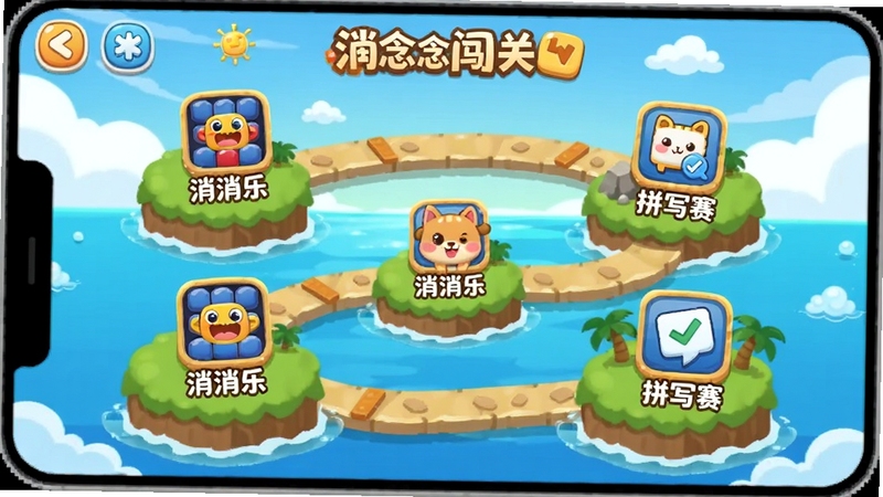 ��������Ĵ��ص�ͼ���棬һ�����ѵĵ�·�����Ŷ�����죬ÿ����������һ���ؿ�ͼ�꣬�硰�����֡���ƴд����������Ϊ��ͨ��������뺣��Ӫ������������Ϸѧϰ��Χ