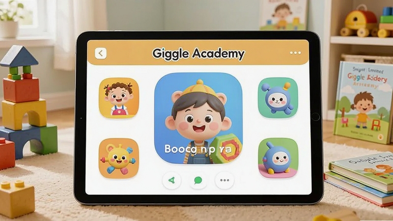 Boogu生图,横版构图,画面主体为Giggle Academy应用界面在平板电脑上展示,背景是温馨明亮的儿童书房,周围有积木和绘本,画面色彩鲜艳明快,卡通风格,展现寓教于乐的学习氛围,整体光线柔和,细节丰富,适配儿童教育软件宣传场景