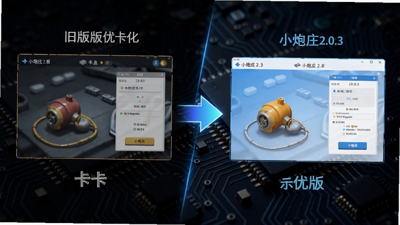 小炮庄2.0.3版本更新优化示意图,画面采用对比风格,左侧为旧版界面略显卡顿,右侧为新版界面流畅清晰,中央有箭头指向新版,背景为科技感十足的深色电路板纹理,突出性能提升与优化主题