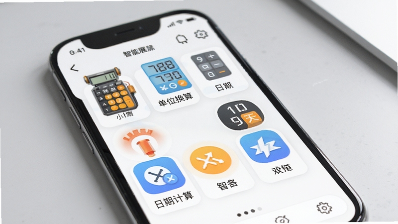 小炮庄智能工具功能展示图,画面展示手机界面上排列着多个工具图标,如计算器、单位换算、日期计算等,每个图标下方有中文标签,背景为浅灰色桌面,光线明亮,突出工具的实用性与清晰布局