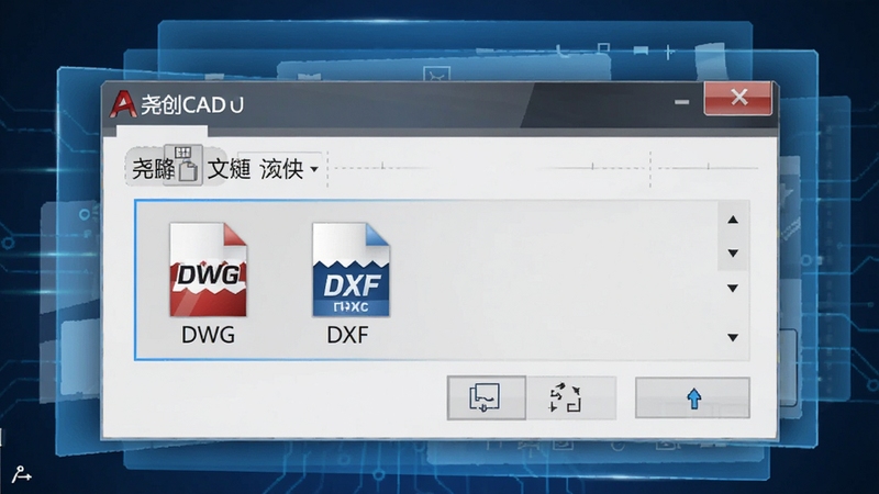 尧创CAD软件中文件格式转换对话框特写,界面上显示DWG与DXF格式选项图标,背景为半透明的蓝色科技感图层叠加效果,突出数据互通的流畅感,画面清晰,商业插画风格