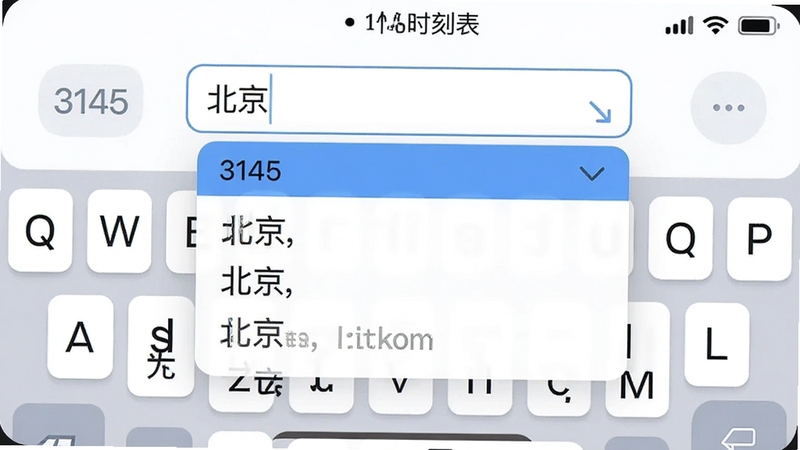 3145火车时刻表站点联想功能特写,输入框下方展示下拉列表,包含多个以“北京”开头的车站名称,键盘悬浮,截图风格明亮,UI组件圆润,体现智能输入体验。