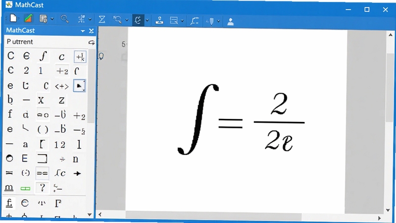 MathCast��ѧ��ʽ�༭�������棬���Ϊ������壬�Ҳ�Ϊ��ɫ�༭������ʾһ�����л��ַ��źͷ�������ʽ����ѧ��ʽ�������������������ɫ���������ִ�����������ƣ��߷ֱ��ʣ�����ȫòչʾ