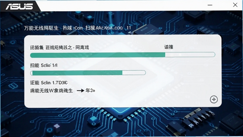 华硕笔记本万能无线网卡驱动软件正在扫描硬件并自动匹配驱动程序的截图,界面显示进度条和已识别的无线网卡型号名称,背景为深蓝色科技感电路板纹理,画面清晰直观