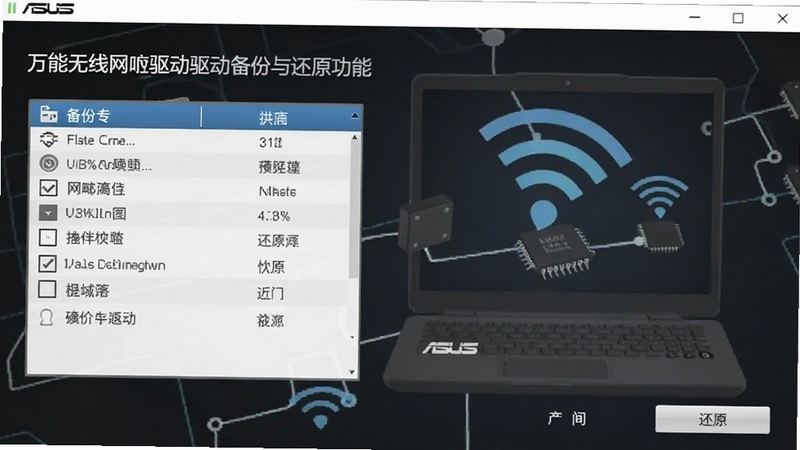 华硕笔记本万能无线网卡驱动驱动备份与还原功能界面,显示备份列表和还原按钮,背景为笔记本无线连接示意图,风格简洁明了