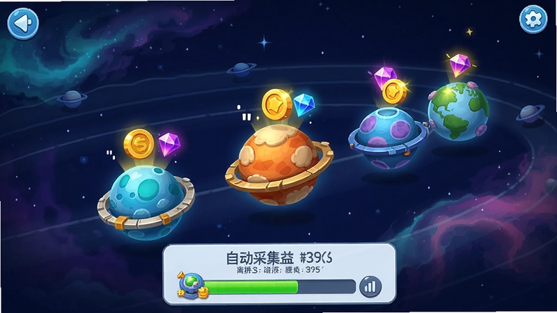 星球放置游戏内资源自动积累画面,画面展示多个卡通风格的星球排列在星系轨道上,每个星球上方漂浮着金币和能量宝石图标,底部有自动采集进度条和离线收益提示弹窗,背景是深蓝色太空与彩色星云,UI设计明亮清晰,突出数字增长和收获感,适合游戏宣传图风格,竖屏构图,细节丰富,画面通透。