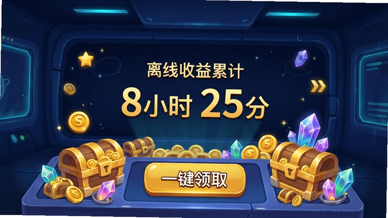 �����������������ȡ���棬����չʾһ��̫�տ���̨��壬�м���ʾ�����������ۼ� 8Сʱ 25�֡�����Ŀ���֣���Χ������ұ��������ˮ���������ǰ���ɫ�����ҷ�񣬴��з�������װ�Σ�UIͻ����һ����ȡ����ť������ɫ����������ϴ��䣬�Ƽ�������Ϸ�в��棬������Ϸ�ڽ�ͼ��񣬻�������������