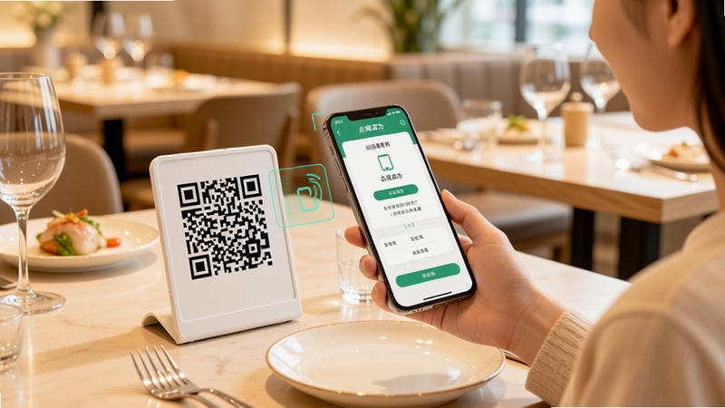 ͼζ�������ɨ���͹�����ʾͼ������չʾһλ�˿������ֻ�ɨ����������ŵĶ�ά�룬�ֻ���Ļ������ͳɹ����棬�����Ǹɾ������Ĳ������������ϰڷž��²;ߣ�����ɫ����ů��ǿ��ɨ�뼴��Ŀ������
