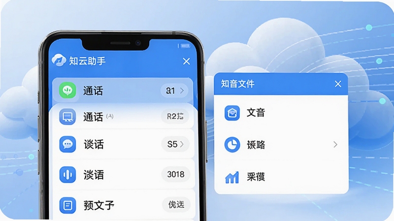 知云助手主界面预览图,展示通话记录列表与录音文件管理模块,界面采用蓝白配色,背景为抽象云朵与数据流线条,画面主体为手机屏幕特写,清晰显示软件名称知云助手与核心功能图标,整体风格简洁现代,光线明亮柔和,适配AI生成高质量应用预览图
