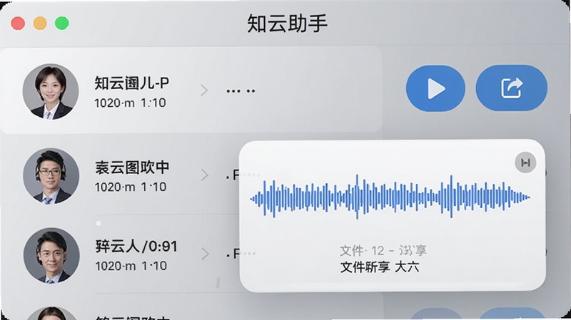 知云助手录音列表界面场景,左侧为联系人头像与通话时间,右侧为播放与分享按钮,背景以浅灰色渐变为主,浮层展示波形图与文件大小信息,画面上方标注知云助手字样,整体风格偏向商务实用,构图清晰,细节丰富,适合AI生成功能展示图
