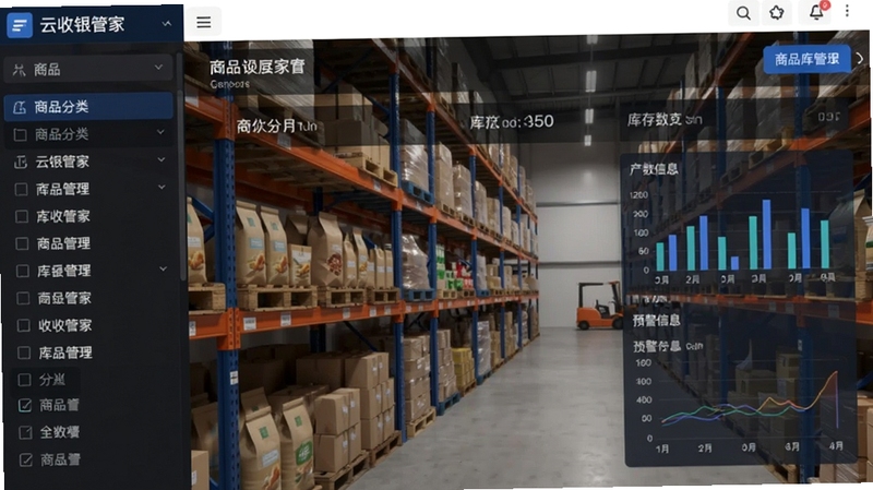 云收银管家商品库存管理界面截图,左侧为商品分类列表,右侧展示库存数量与预警信息,背景为仓库货架,商品摆放整齐,数据可视化图表点缀,界面清爽专业