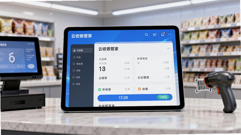 云收银管家主视觉图,画面中央为平板电脑展示云收银管家收银界面,背景为模糊的现代便利店收银台,商品货架与扫码枪点缀,光线明亮,科技感与商业感结合,高清渲染
