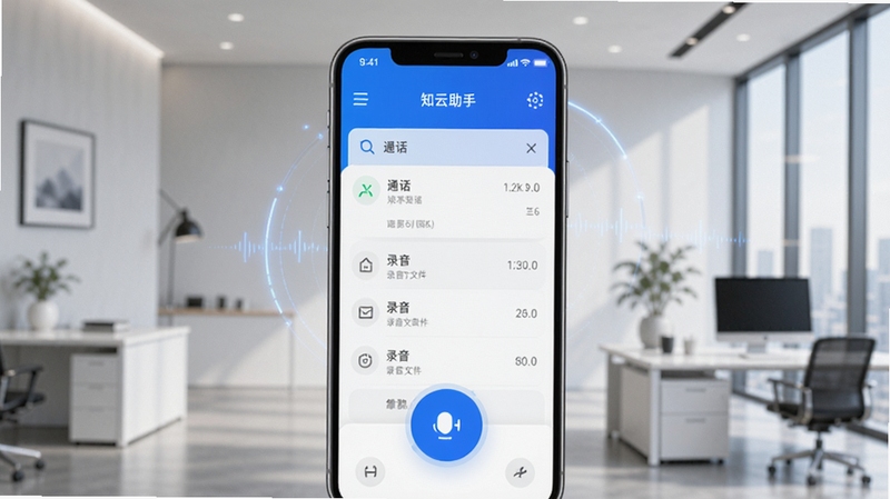 知云助手官方预览图,展示软件在智能手机上的主界面,背景为现代简约的办公室环境,界面清晰显示通话记录、录音文件列表及醒目的圆形悬浮录音按钮,整体色调以蓝色和白色为主,风格专业且富有科技感。