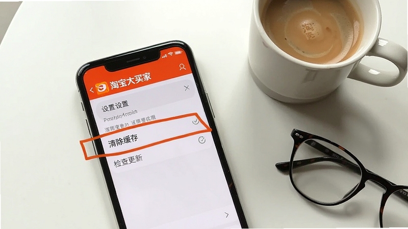 一幅实拍风格的手机截图,屏幕上显示“淘宝大买家”应用设置页面,重点标出“清除缓存”和“检查更新”两个选项,手机旁边放置着一杯咖啡和眼镜,桌面背景干净,突出日常使用场景,用于教程部分配图。