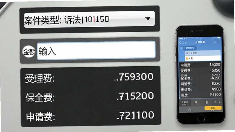 司法速算器诉讼费计算界面截图样式图,画面上方为案件类型选择下拉菜单,中间为金额输入框,下方清晰列出受理费、保全费、申请费各项金额,背景为浅灰色办公桌面,旁边放置一部手机显示计算结果。