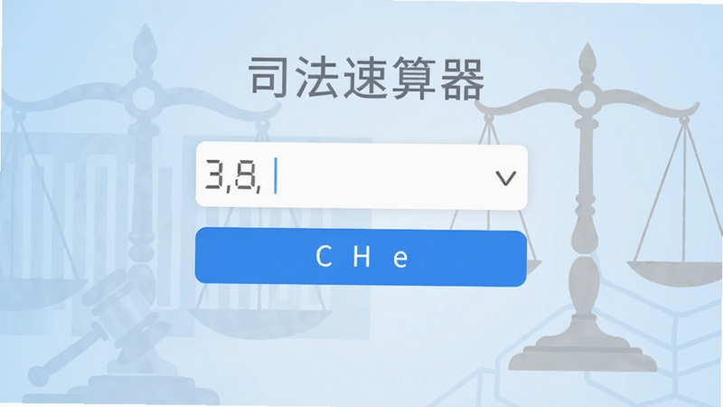 司法速算器主界面展示图,画面中央显示简洁的白色计算输入框与蓝色计算按钮,背景为淡蓝色渐变与法律天秤元素,整体风格专业清爽,数字与法律符号清晰可见。