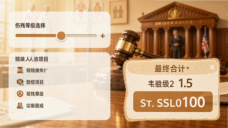 司法速算器人身损害赔偿计算功能示意图,画面展示伤残等级选择滑块、赔偿项目列表与最终合计金额卡片,背景为医疗与法庭结合场景,暖色调为主,数字一目了然。