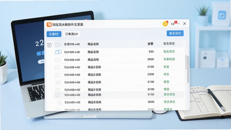 淘宝流水帐软件主界面预览图,展示清晰的订单流水列表,包含交易时间、商品名称、金额、收支状态等列,背景为简洁的浅蓝色电商风格办公桌面,有笔记本电脑和账本元素,画面明亮、布局规整,适合软件介绍场景