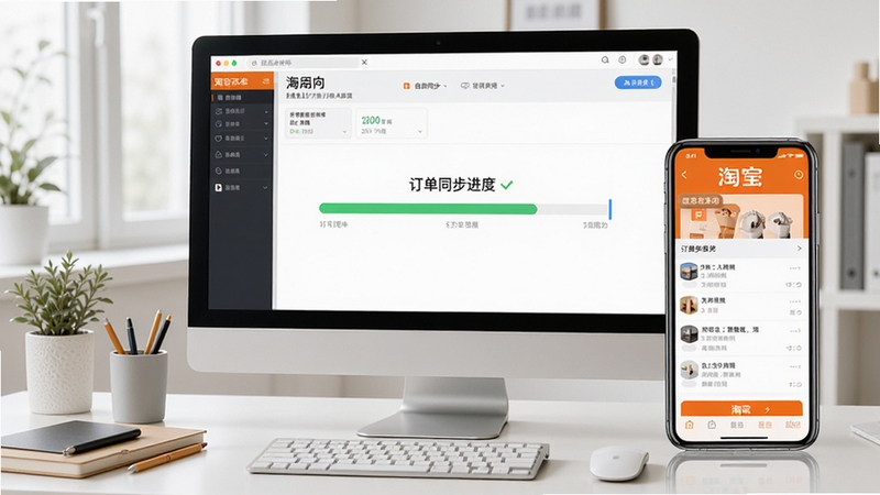 淘宝流水帐软件一键同步订单功能展示图,画面中有电脑屏幕显示软件内订单同步进度条,旁边有手机淘宝界面示意,背景为整洁的工作台,整体风格写实,突出自动同步的高效便捷场景
