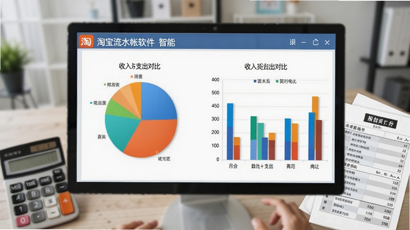 淘宝流水帐软件智能分类统计界面,屏幕显示饼状图和柱状图,按月份展示收入支出对比,色彩鲜艳,背景虚化,有计算器和报表文件,营造专业财务分析氛围