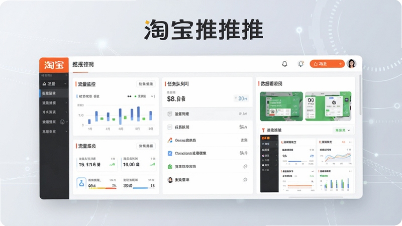 一张展示软件主界面的高清截图,画面中央显示淘宝推推推的功能仪表盘,包含流量监控、任务队列与数据看板模块,背景为浅灰色科技感渐变,整体风格明亮简洁,突出软件的品牌标识与核心功能布局,适合作为软件介绍的首图