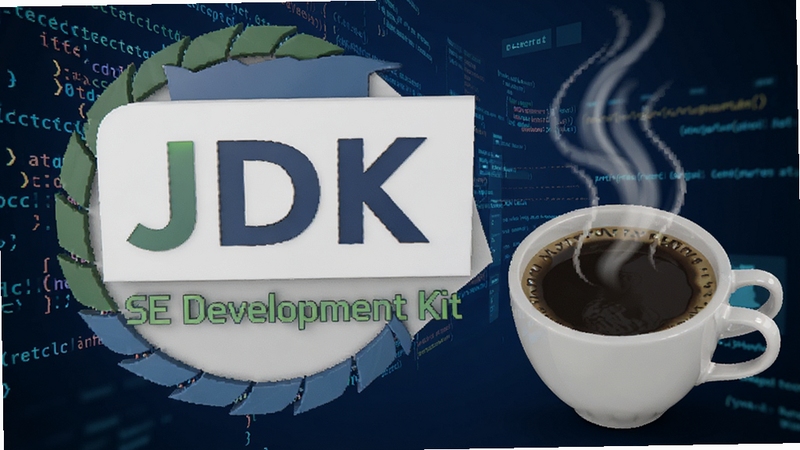 һ������3D��Ⱦͼ����������չʾJava SE Development Kit (JDK)�Ĺٷ�Logo��һ���ȿ��ȣ�����Ϊ����ɫ�Ƽ��д�������ǿ���������ߵ��ִ�����רҵ��Χ������ɫ�������������ʺ���������վͷͼչʾ��