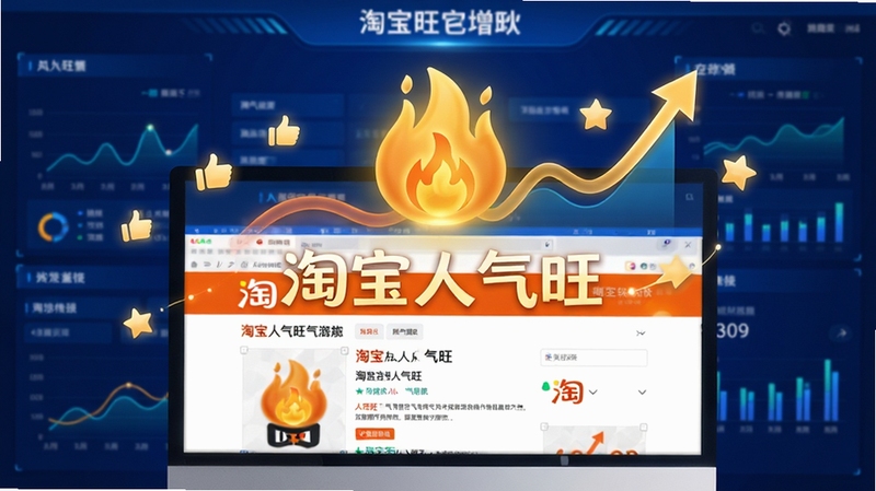 一幅充满科技感的电脑屏幕前,显示着淘宝商品详情页,页面上方悬浮着金色的人气旺火图标,周围环绕着上升的流量曲线与点赞收藏动画,背景为深蓝色电商数据大屏,整体色调明亮,突出软件名称“淘宝人气旺”与数据增长的核心场景