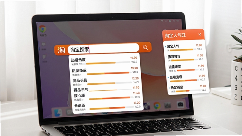 一台笔记本电脑上显示淘宝搜索框,输入商品核心词后下拉框出现多个长尾词,每个词旁有热度指数条,右侧小窗展示“淘宝人气旺”的关键词推荐面板,画面整体干净明亮,突出关键词优化与流量增长