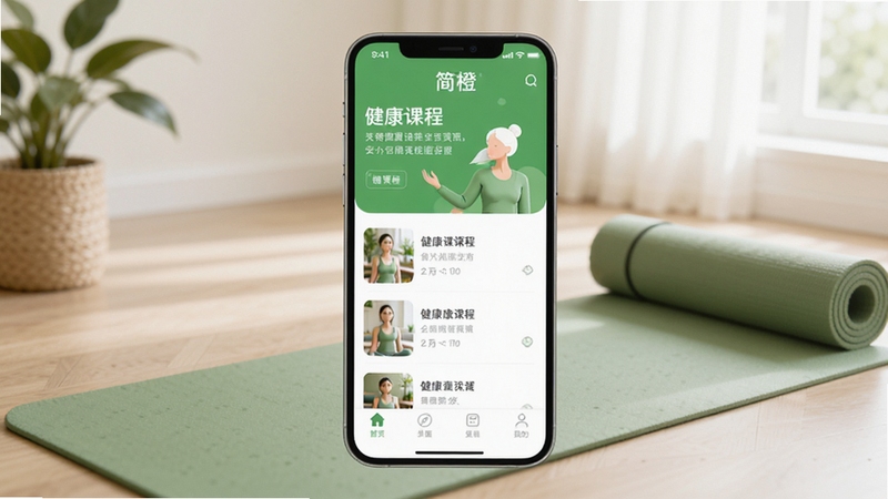 简橙主界面预览图,画面主体为手机应用首页,展示清新绿色调的健康课程列表与底部导航栏,背景为简约的室内瑜伽垫场景,光线柔和,突出软件的品牌感与生活化气质,整体风格干净自然,适合作为应用商店展示图