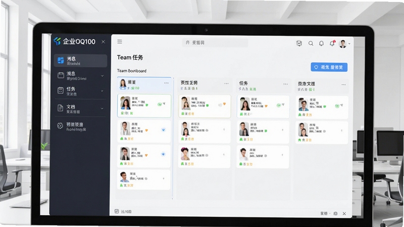 企业OQ100 软件主界面预览图,现代简约风格的办公协作平台,左侧功能导航栏清晰展示消息、任务、文档等模块,中央主区域显示团队协作看板,背景为明亮的浅灰色办公环境,屏幕比例16:10,画面精致,软件名称“企业OQ100”出现在界面顶部,整体风格商务而不失活力