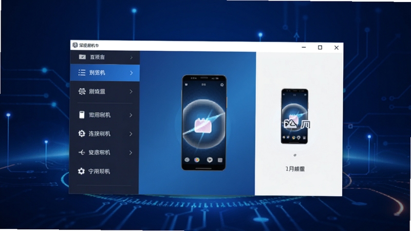 深度刷机主界面预览图,画面中央是软件主窗口,左侧功能列表,右侧连接手机提示,背景为深蓝色科技感渐变,整体风格简洁明亮,突出刷机工具的实用性和专业性