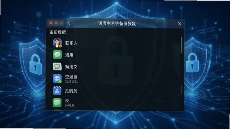 深度刷机系统备份恢复功能界面,显示备份数据列表,包括联系人短信应用等,背景为数据安全防护概念图,蓝色调,体现数据保护功能可靠
