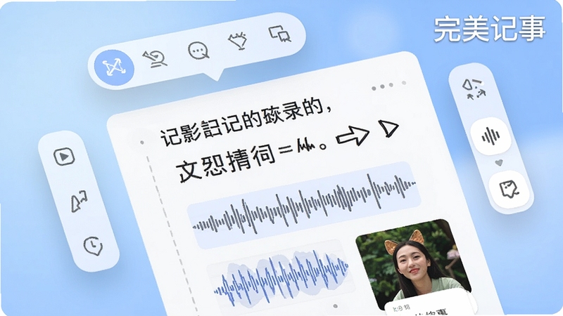 完美记事多功能记录界面特写,画面中央显示一条包含文字、手绘箭头、语音波形图和插入图片的复合笔记,周围悬浮工具栏图标,背景为柔和的渐变蓝色,突出全能记录与素材整合能力,软件名称完美记事以水印形式置于右上角