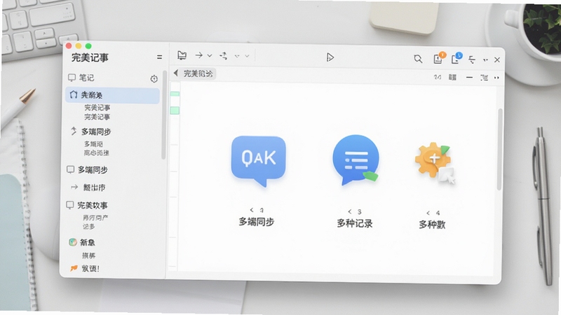 完美记事软件主界面预览图,展示左侧笔记分类列表与右侧编辑区域,背景为浅灰色工作台,整体风格简洁明亮,突出多端同步与多种记录方式图标,画面干净现代,符合办公效率软件调性,软件名称完美记事需清晰可见