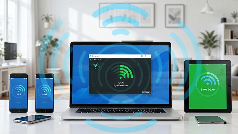 Connectify ���������ڱʼǱ������ϣ���Ļ����ʾ�ź��м�ģʽ���棬��Χɢ�����ֻ���ƽ����豸���������� Wi-Fi �źŲ��Ƹ��ǣ�����ִ������������������ź���ǿ�������Ч����