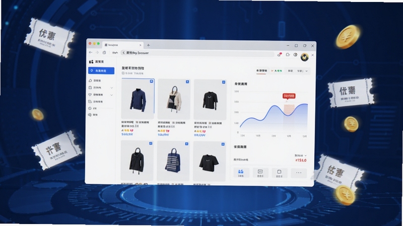 一张高清产品渲染图,画面中央是星期五购物浏览器的软件主界面悬浮在深蓝色科技感背景上,界面显示商品瀑布流和价格曲线图,周围有若隐若现的优惠券和金币图标,整体风格现代简洁,光线通透,突出智能购物与高效便捷的核心氛围