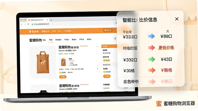 生成一张蜜糖购物浏览器功能示意图,画面左侧为笔记本电脑屏幕,屏幕上正打开一个商品详情页,右侧悬浮着一个半透明的比价信息卡片,卡片上有多个平台的价格对比列表,并用彩色箭头标注“更低价格”,整体色调明亮清晰,突出智能比价功能,画面角落加入蜜糖购物浏览器的品牌水印