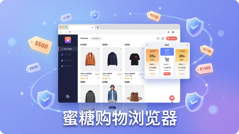 创作一幅展示蜜糖购物浏览器核心功能的数字艺术宽幅预览图,画面中央是悬浮的浏览器主界面,界面中清晰展示着商品瀑布流与比价浮窗,背景采用柔和的渐变蓝紫色科技感光效,界面边缘有发光的价格标签与盾牌图标环绕,整体风格现代简约,突出购物与安全浏览的双重属性,画面需包含“蜜糖购物浏览器”字样作为视觉焦点
