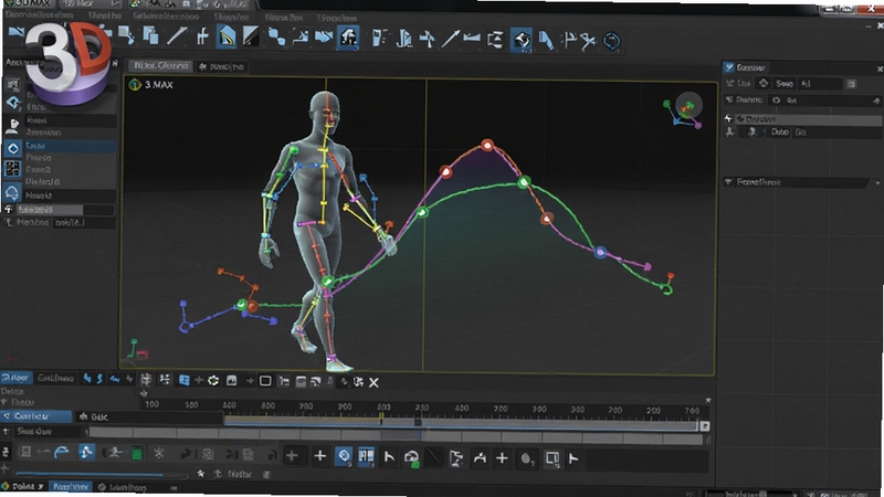 3D MAX软件时间轴与曲线编辑器界面,显示角色走路循环动画的关键帧曲线,角色模型以半透明显示在视口中,周围有骨骼控制器,背景为深灰色界面,突出曲线编辑与运动轨迹调整功能,整体色彩鲜明,左上角有3D MAX图标。