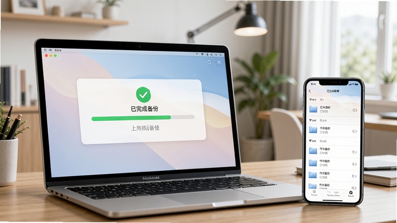 展示云盘网客户端在PC和手机端同步文件的场景,前景是一台笔记本电脑,屏幕上显示上传进度条与“已完成备份”的绿色提示,旁边摆放着一部智能手机,界面同步显示相同文件列表,背景是居家办公环境,画面风格写实明亮,突出多端无缝同步的速度感与便捷性。