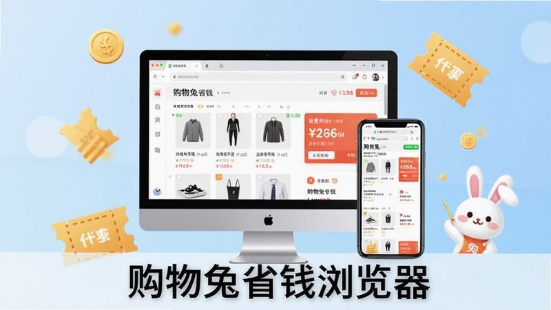 生成一幅现代简约风格的购物兔省钱浏览器软件预览图,画面中央是电脑屏幕与手机屏幕并排展示,屏幕中运行着购物兔省钱浏览器界面,显示商品列表与返利金额,背景为浅蓝色渐变,配以金币、优惠券、兔子吉祥物等元素,整体风格清新明亮,突出省钱购物主题,图片需包含“购物兔省钱浏览器”字样,横版构图适合软件下载站首图。