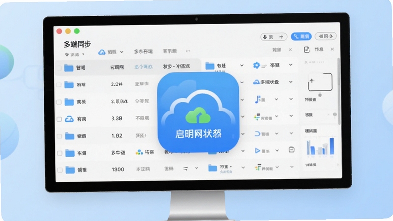 启明网盘客户端主界面预览图,画面中央显示文件列表与云存储状态图标,背景采用干净的浅蓝色渐变,整体风格商务简洁,突出多端同步与团队协作氛围